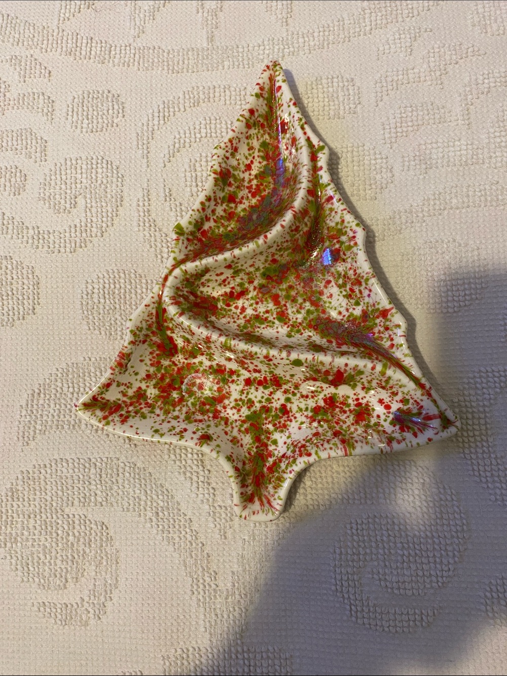 Festive Tree-Shaped Holiday Serving Dish - White with Red & Green Splatter